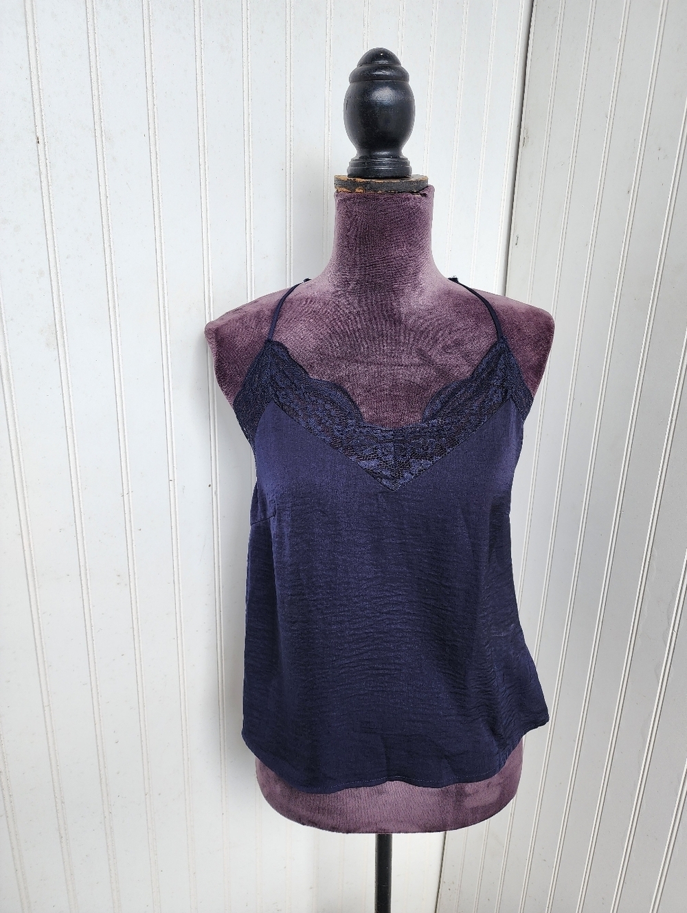 H&M Womens Lace Camisole Crushed Satin Silky Tank Top Shirt Navy Blue Sz 4